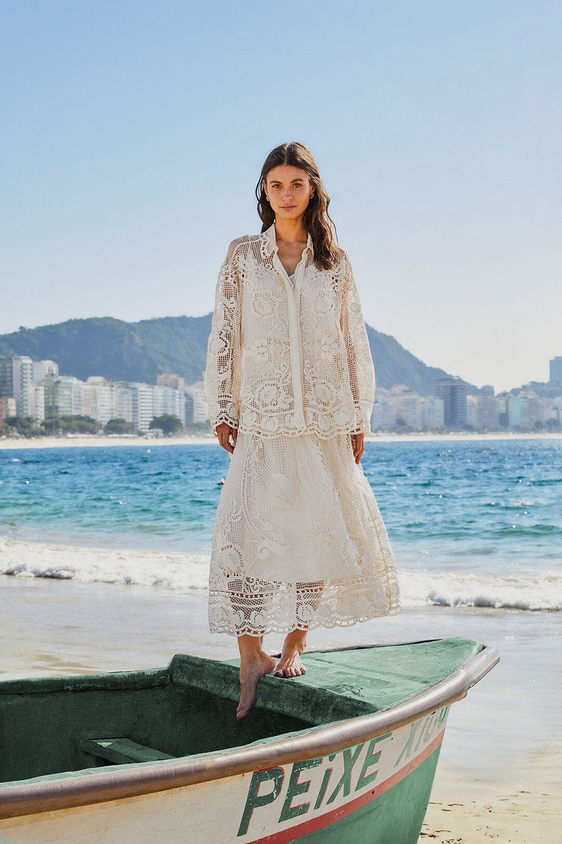 FARM RIO Off-White Swan Lake Guipure Midi Skirt outlook