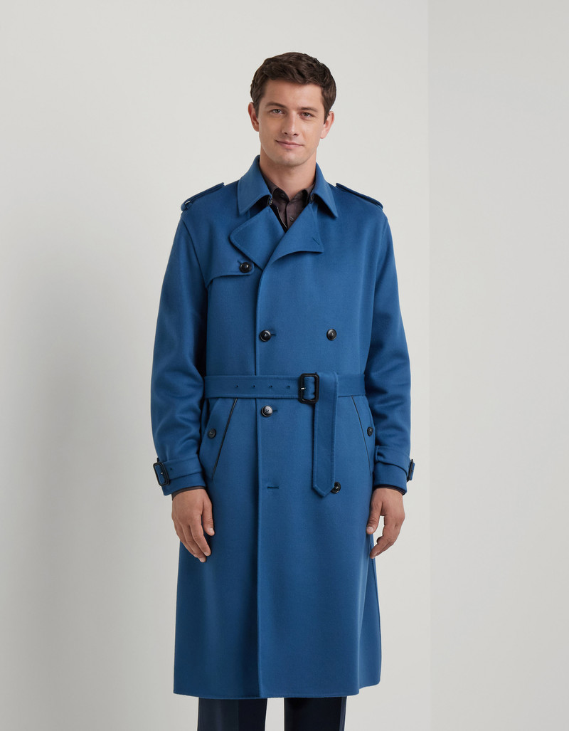 PETROL BLUE SET-IN SLEEVE DOUBLE WOOL AND CASHMERE TRENCH COAT WITH BELT 3
