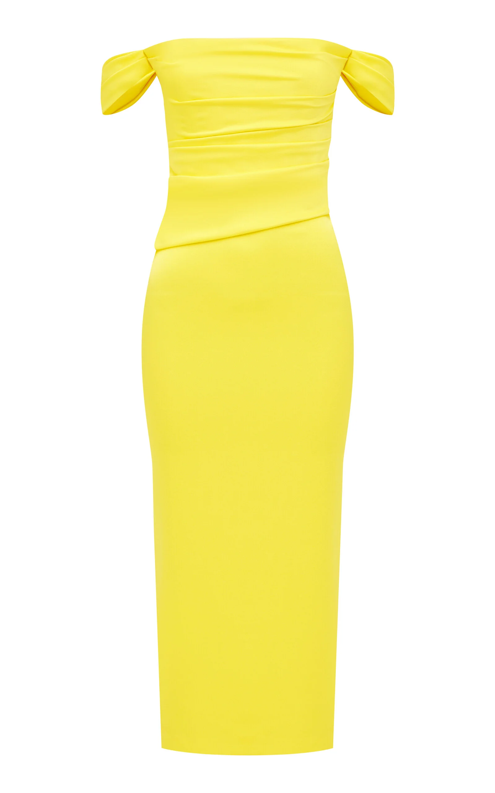 Off Shoulder Tucked Dress In Satin Crepe yellow - 1