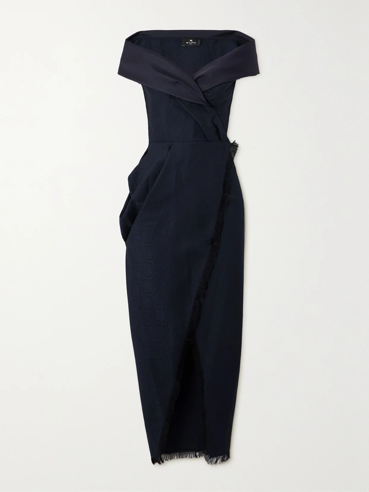 Off-the-shoulder Twill-trimmed Frayed Silk-blend Jacquard Wrap Gown - 1