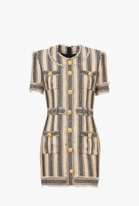 Short ecru and black cotton piqué dress with gold-tone buttons - 1