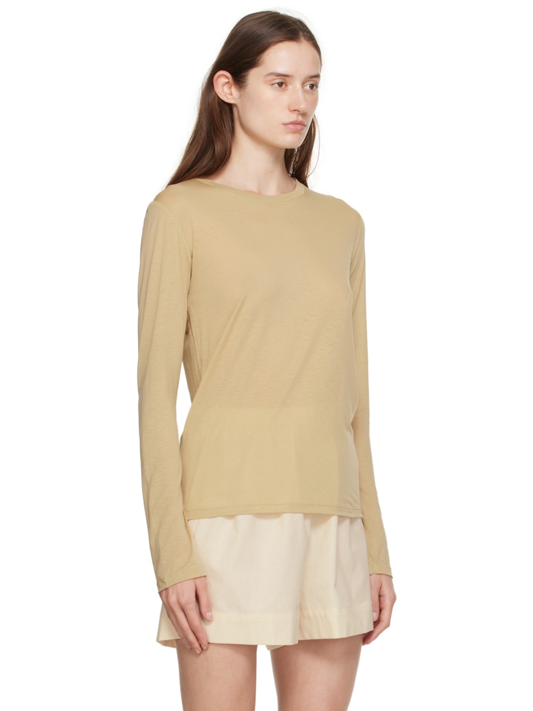 Beige Crewneck Long Sleeve T-Shirt - 2