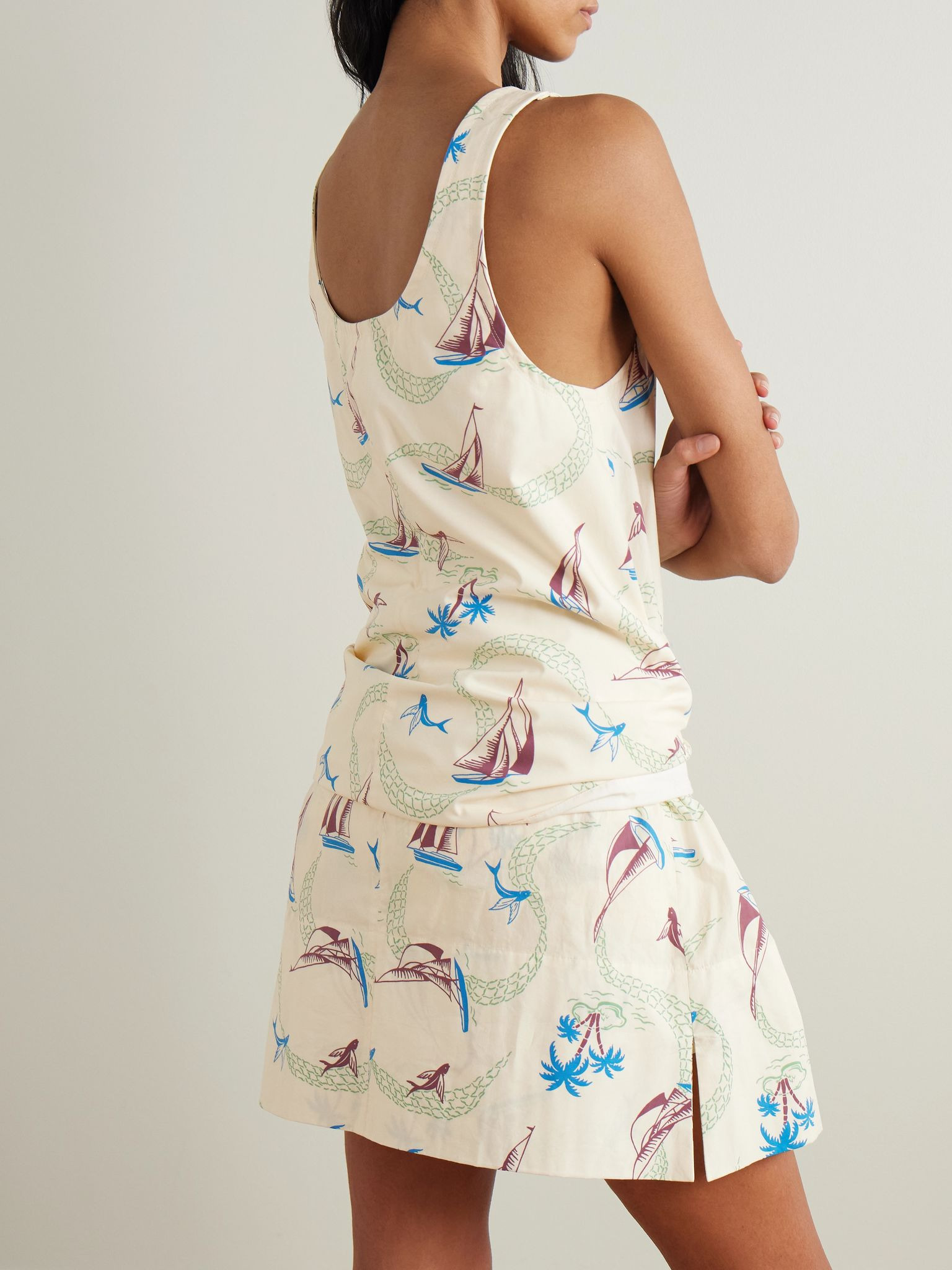 Bow-detailed printed cotton mini dress Cream - 4