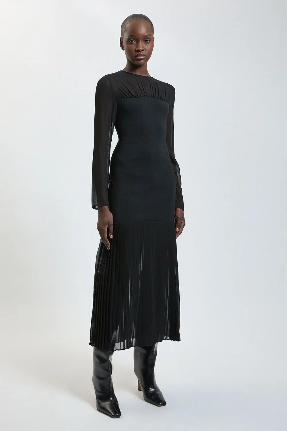 Woven Knit Mix Pleated Midi Dress - 1