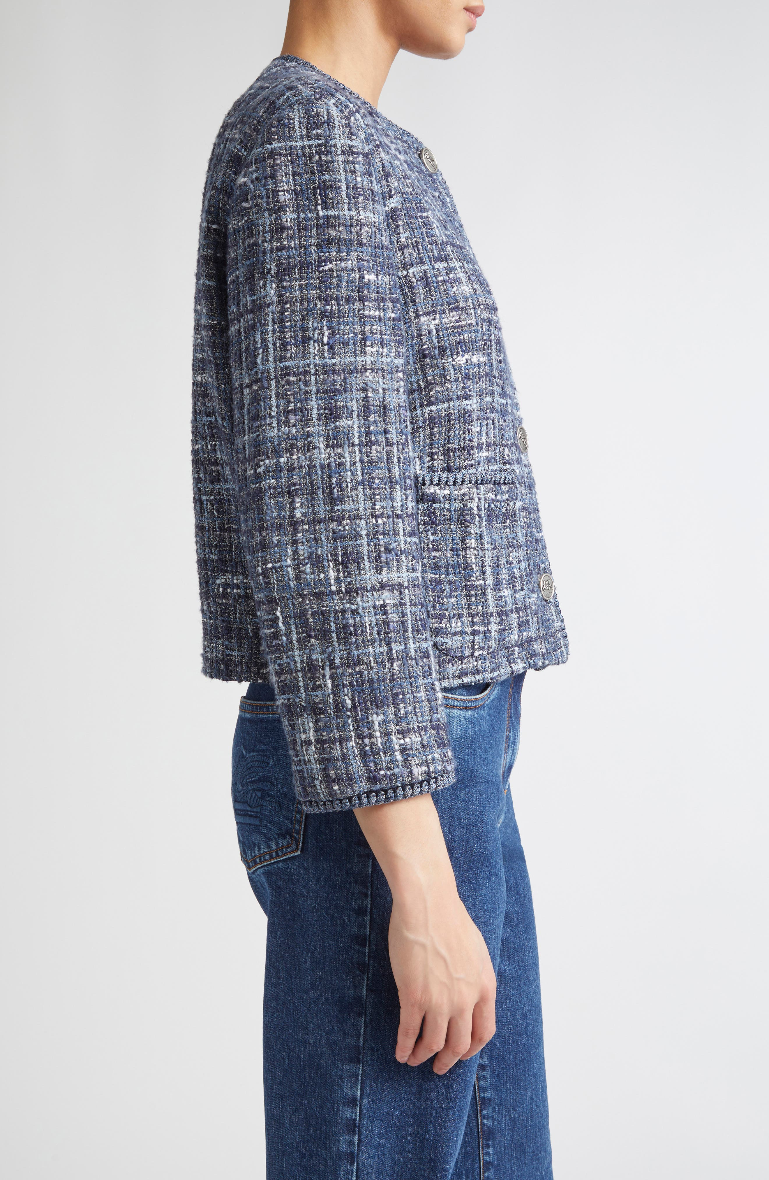 Etro Abstract Check Crop Bouclé Jacket in Multicolor Blue Base at Nordstrom - 4