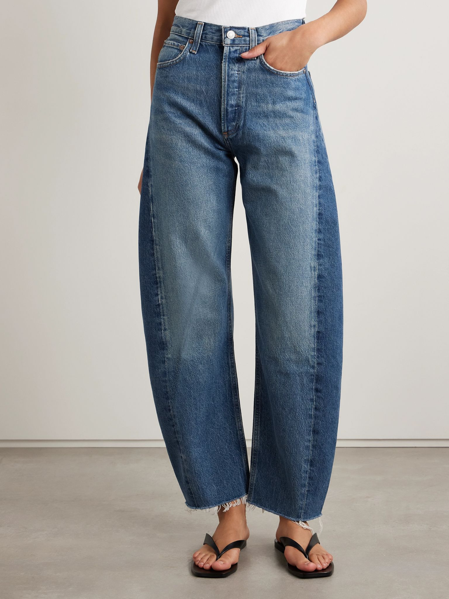 Luna frayed high-rise barrel-leg jeans Mid denim - 3