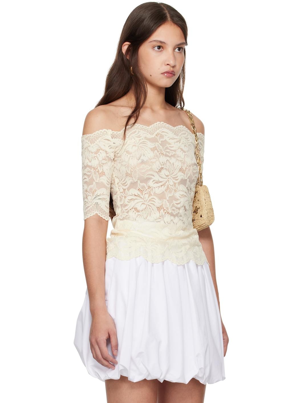 Off-White Stretch Lace Short Sleeve Top - 2