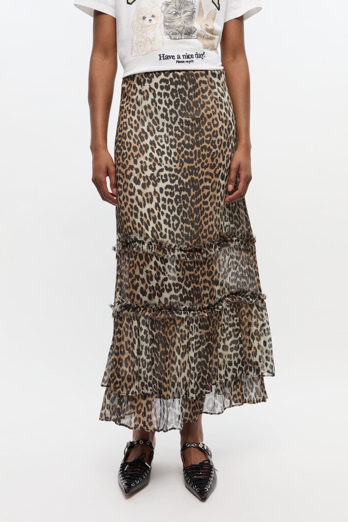 LEOPARD PRINT LONG CHIFFON RUFFLE SKIRT - 3