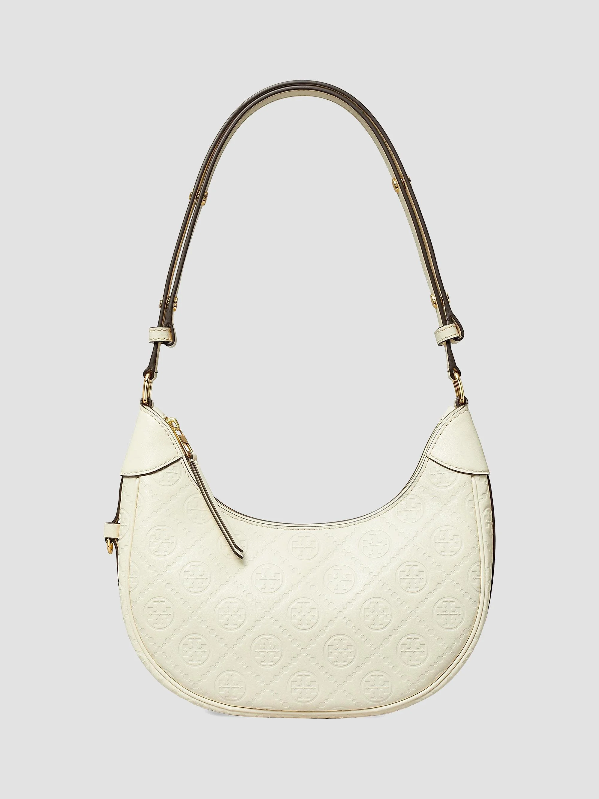 Women's T Monogram Debossed Leather Crescent Bag - Light Cream - 1