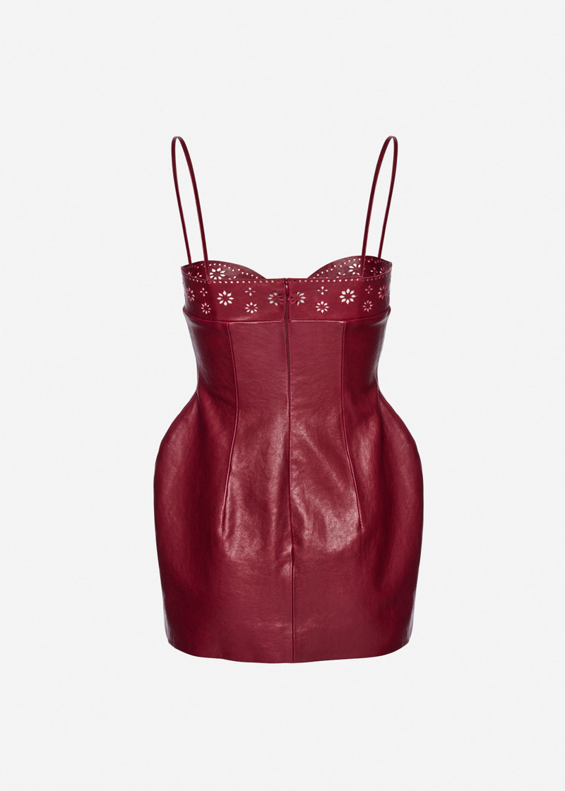 Floral detailing leather mini dress in cherry red 2