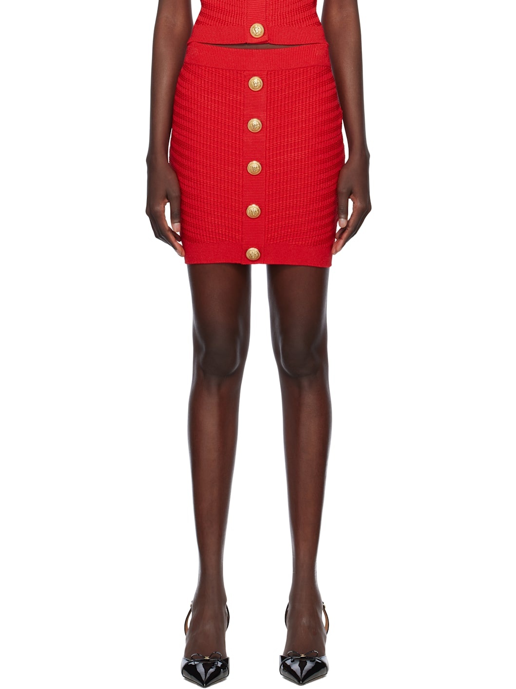 Red Buttoned Knit Miniskirt - 1