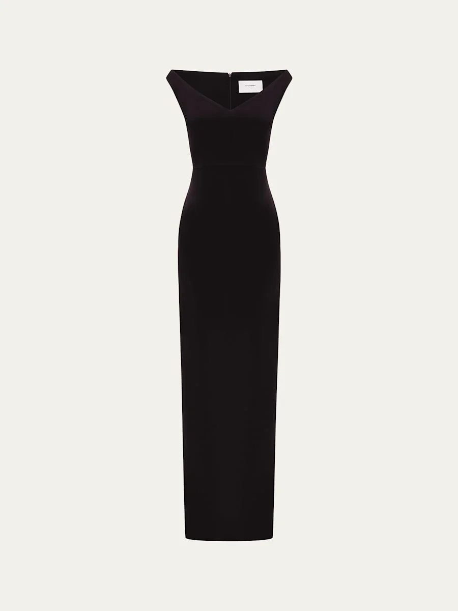 Off-The-Shoulder V-Neck Satin Crepe Gown - 1