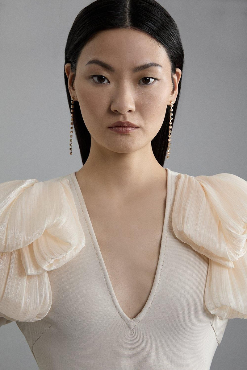 KAREN MILLEN Figure Form Bandage Knit Silk Ruffle Shoulder Detail Midaxi Dress outlook