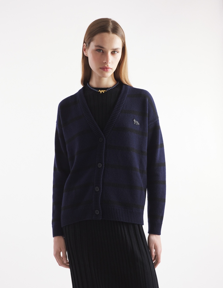 FESTIVE PEARLED PROFILE FOX PATCH STRIPPED CARDIGAN - 3