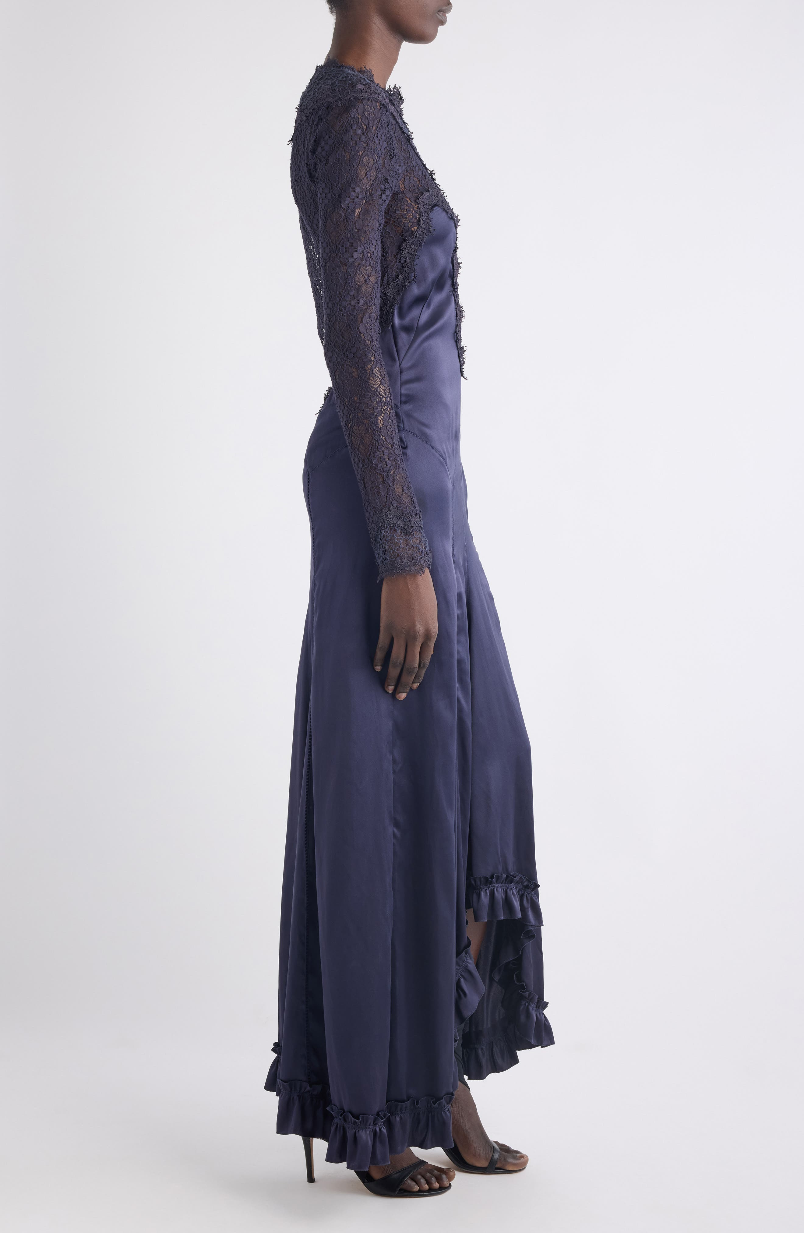 Isabel Marant Dolores Long Sleeve Lace & Silk Satin Dress in Black Midnight at Nordstrom - 3