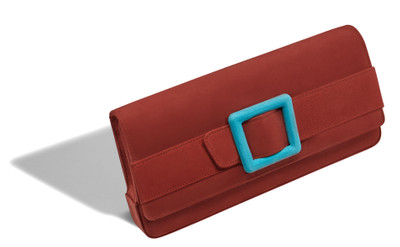 Manolo Blahnik Red and Light Blue Suede Buckle Clutch outlook