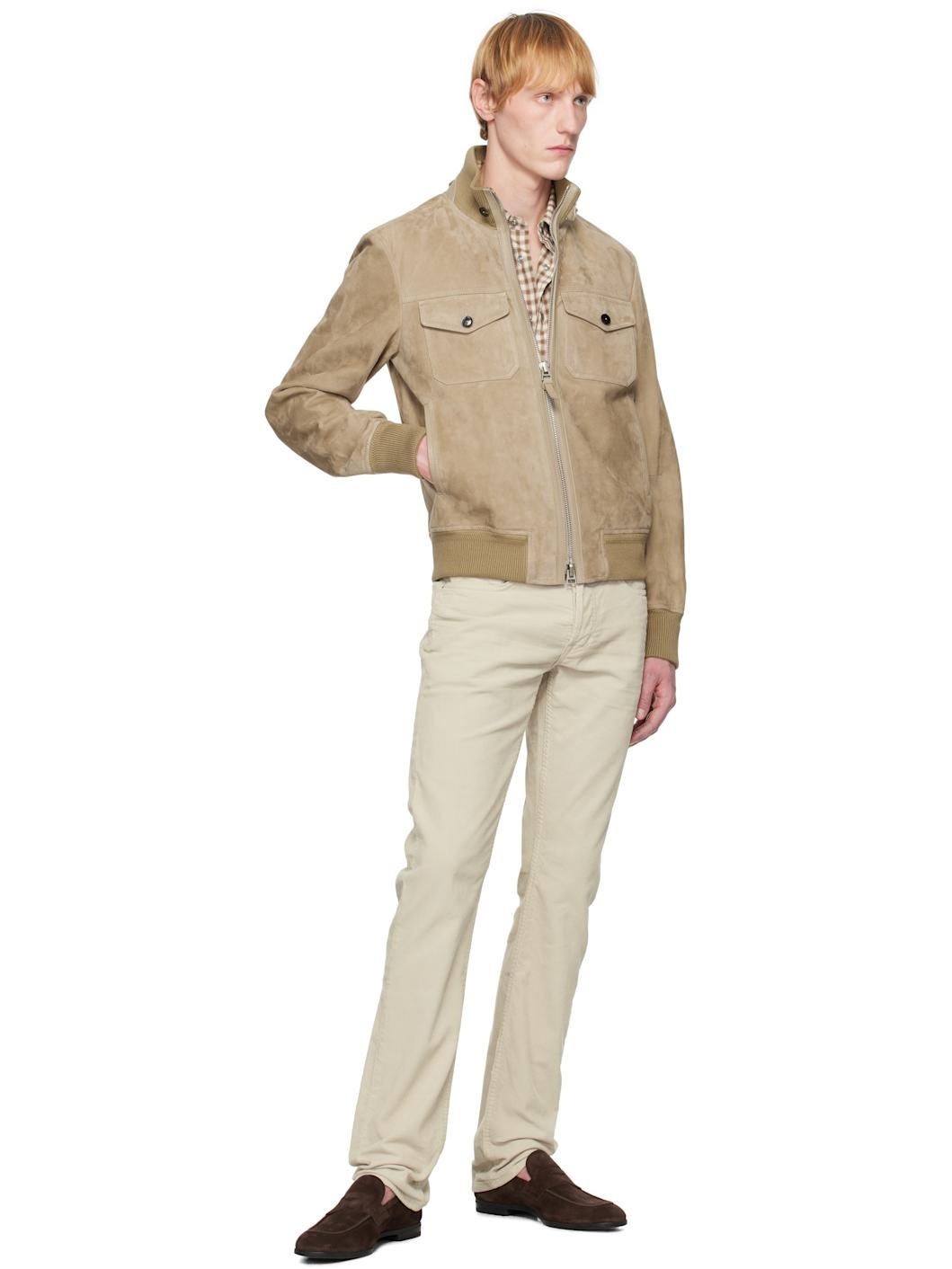 Khaki Chest Pocket Suede Bomber Jacket - 4