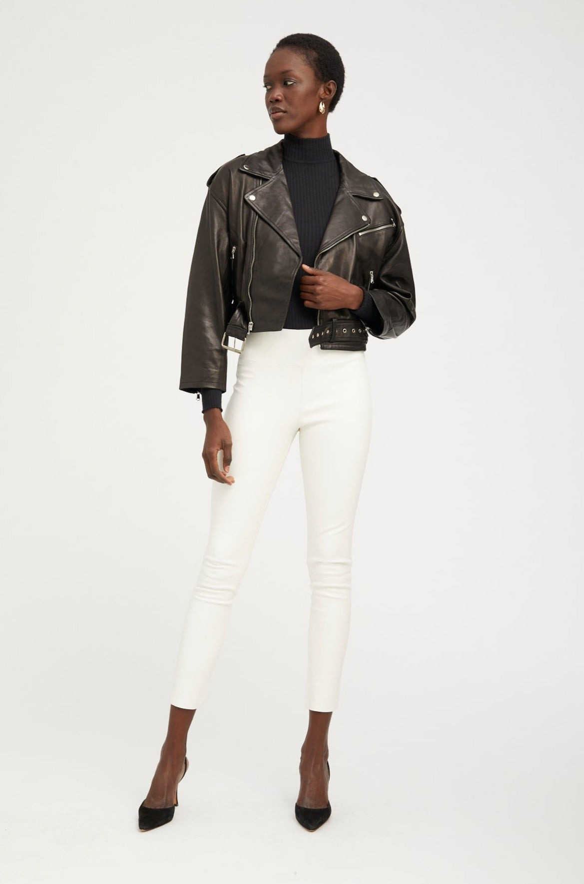 BLACK LEATHER EYELET LACE-UP MOTO JACKET - 5
