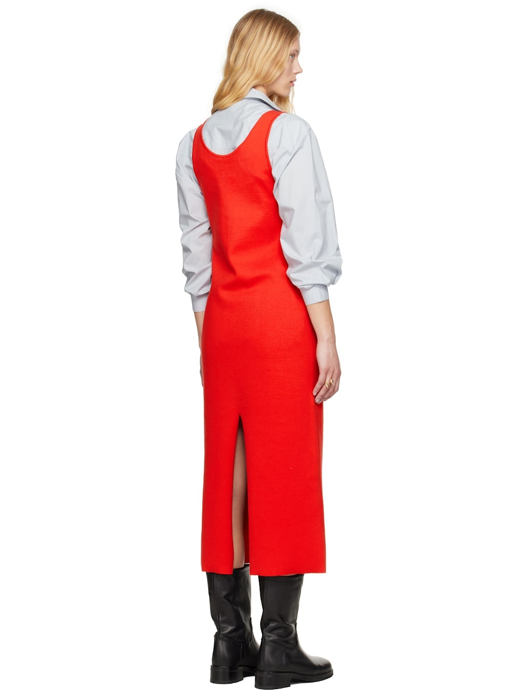 Red Cotton Silk Stretch Knit Midi Dress - 3