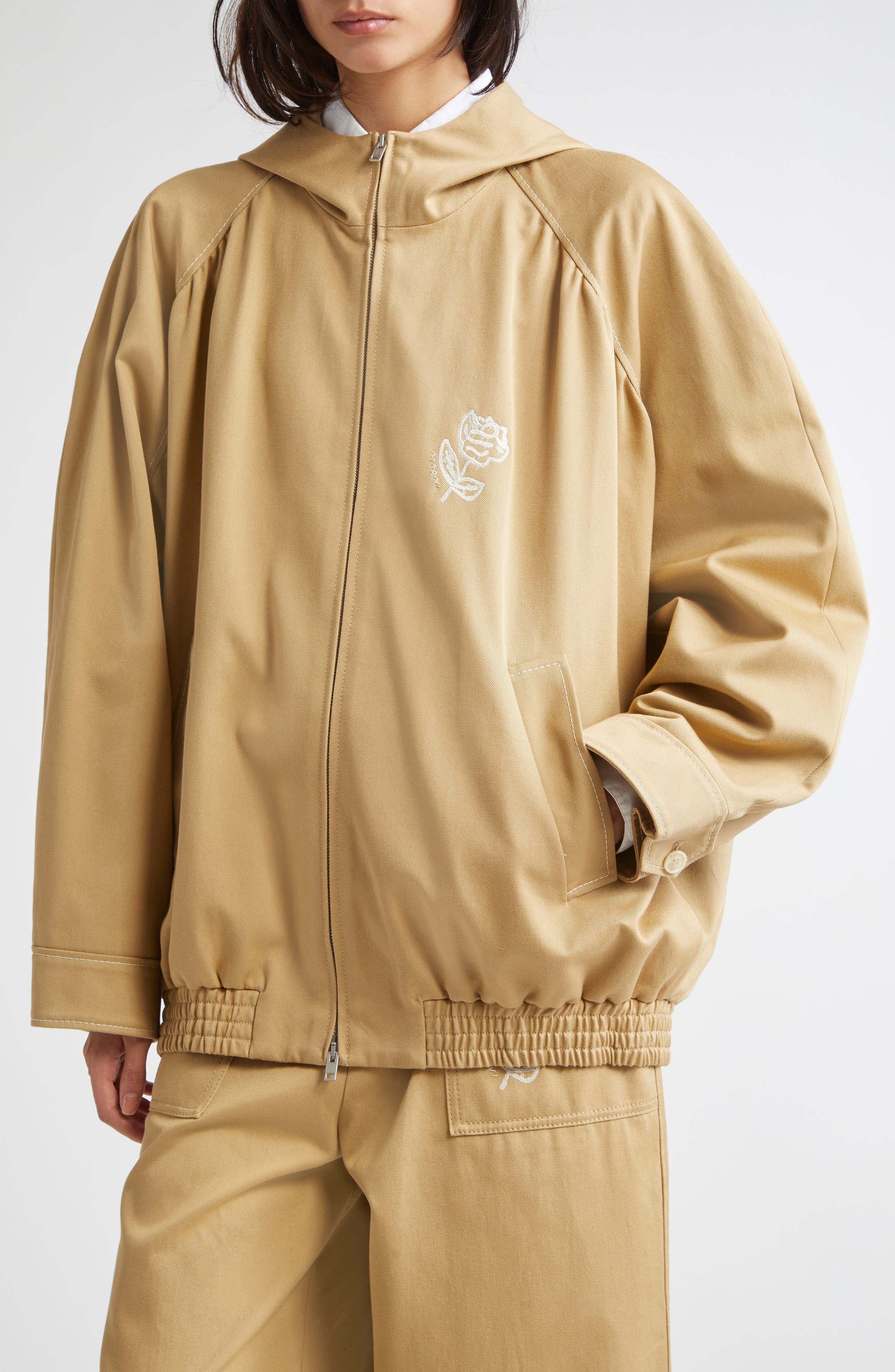 Marni Hooded Floral Embroidered Cotton Drill Bomber Jacket in Cement at Nordstrom - 5