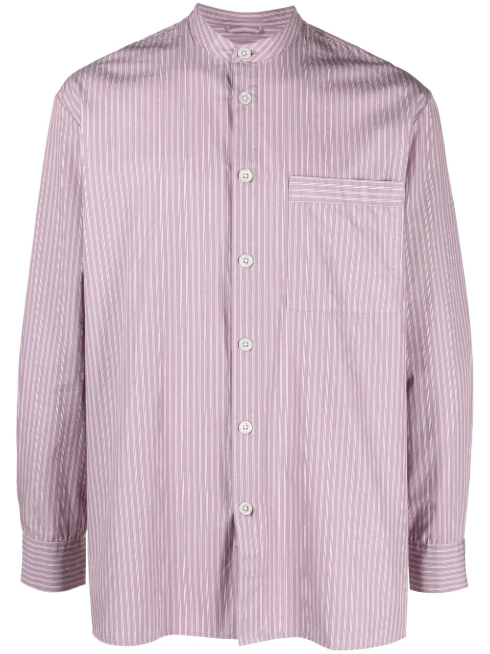 stripe-pattern collarless shirt - 1