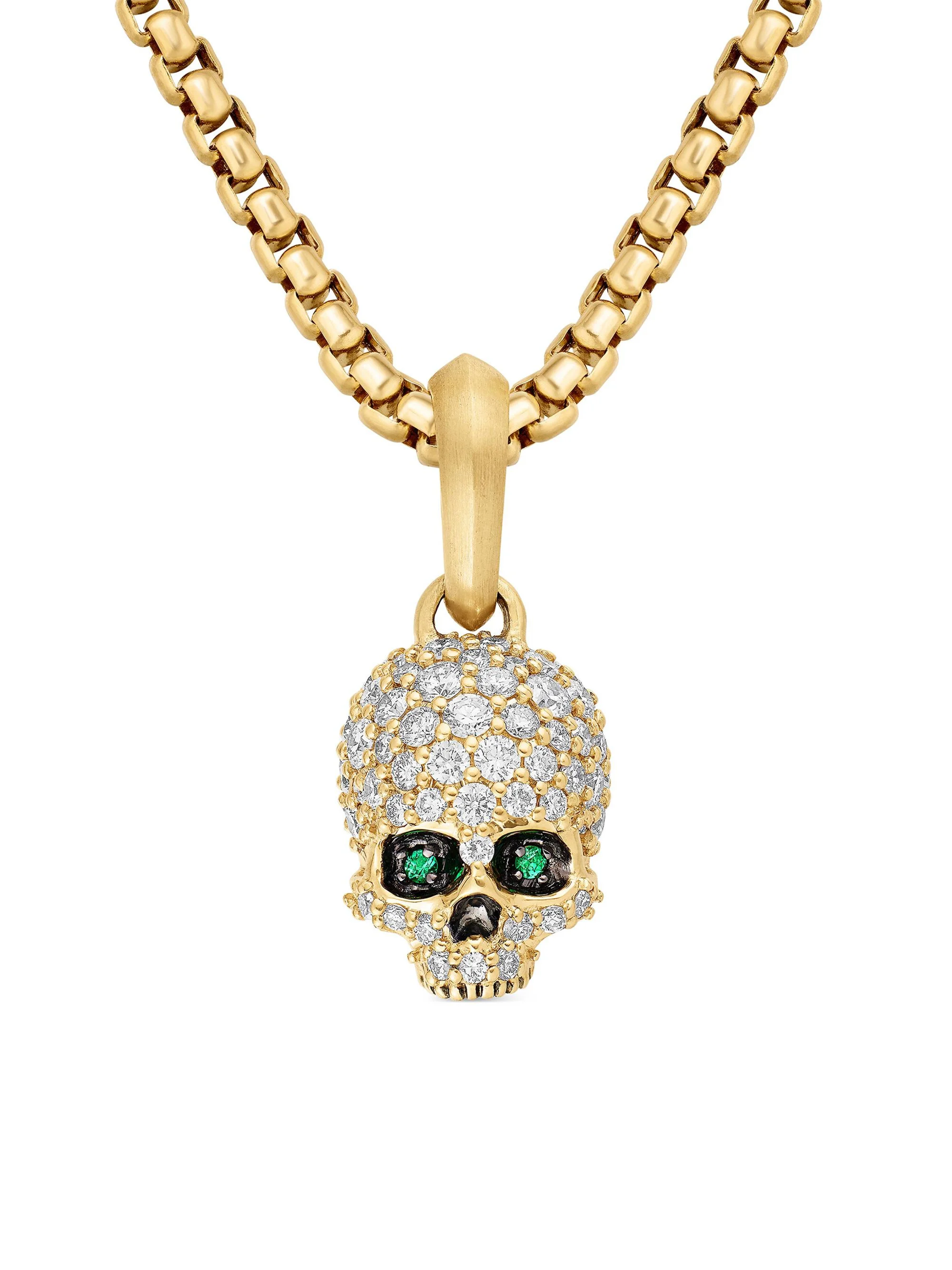 Men's Memento Mori Skull in Full Pavé Diamonds, Emeralds and 18K Yellow Gold, 14mm - Emerald - 1