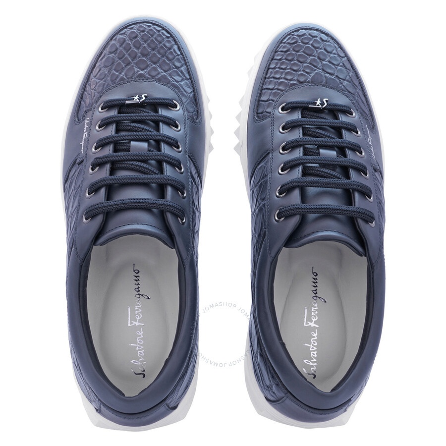 Salvatore Ferragamo Men's Scuby Blue Marine Croco Leather Low-top Sneakers - 3