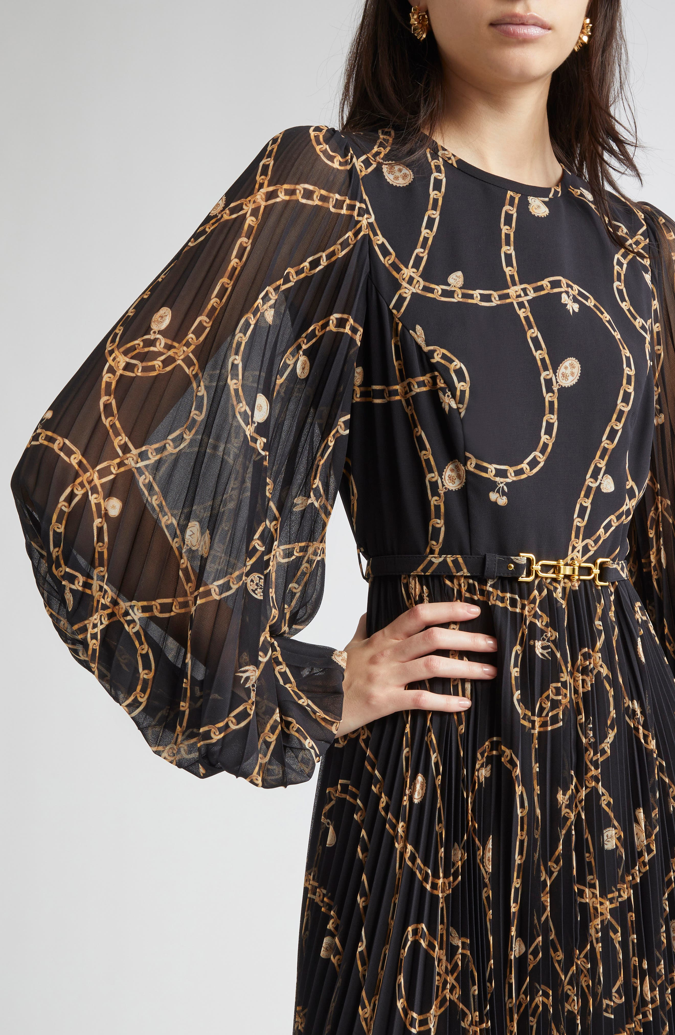 Zimmermann Chain Print Long Sleeve Sunray Pleated Dress in Black Charms at Nordstrom - 4