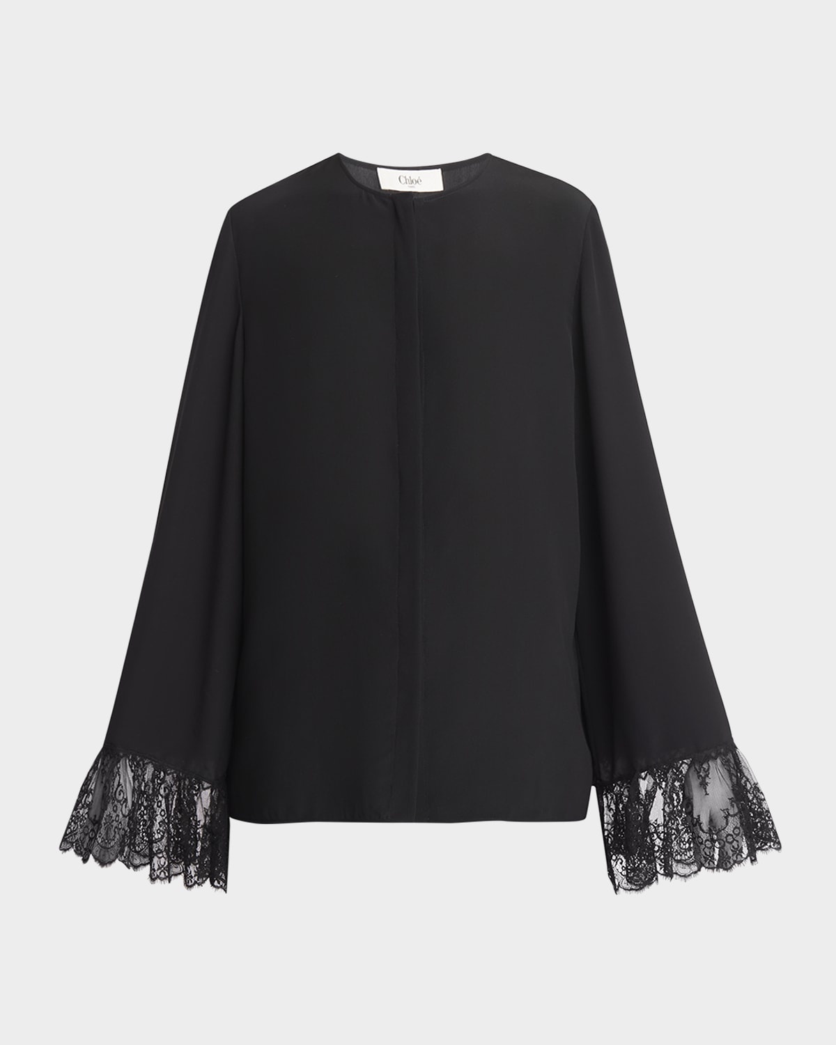 Button Down Crepe De Chine Top with Lace Sleeves - 1