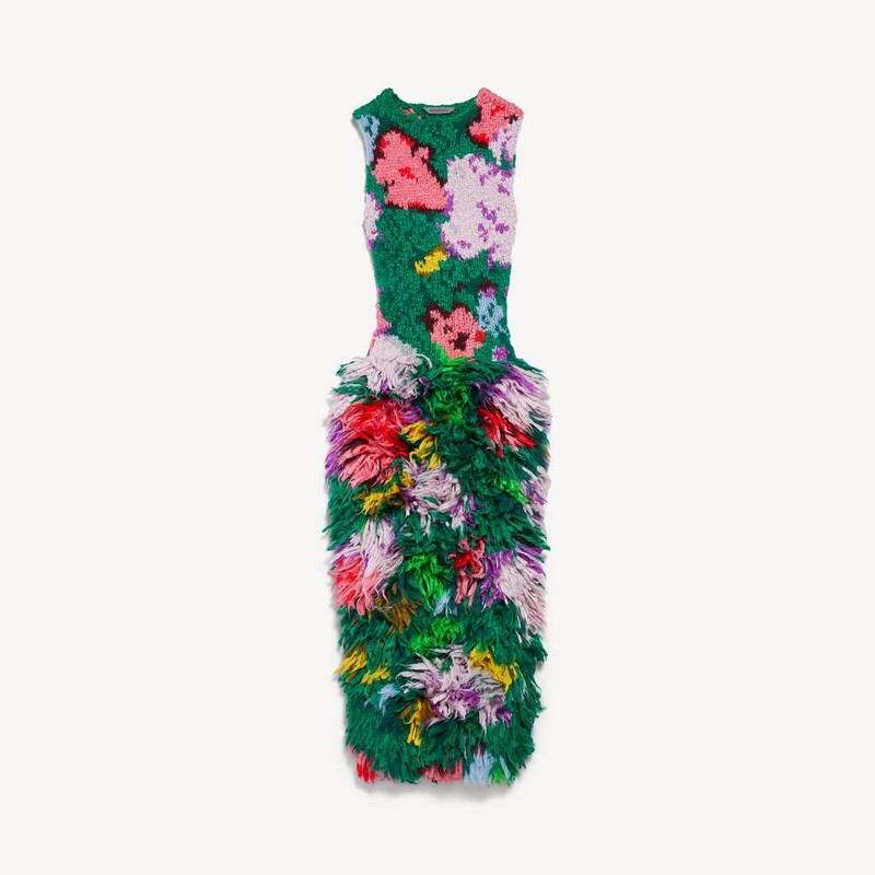 Women's Dress In Silk Intarsia Hand Knit in Green/pink 1