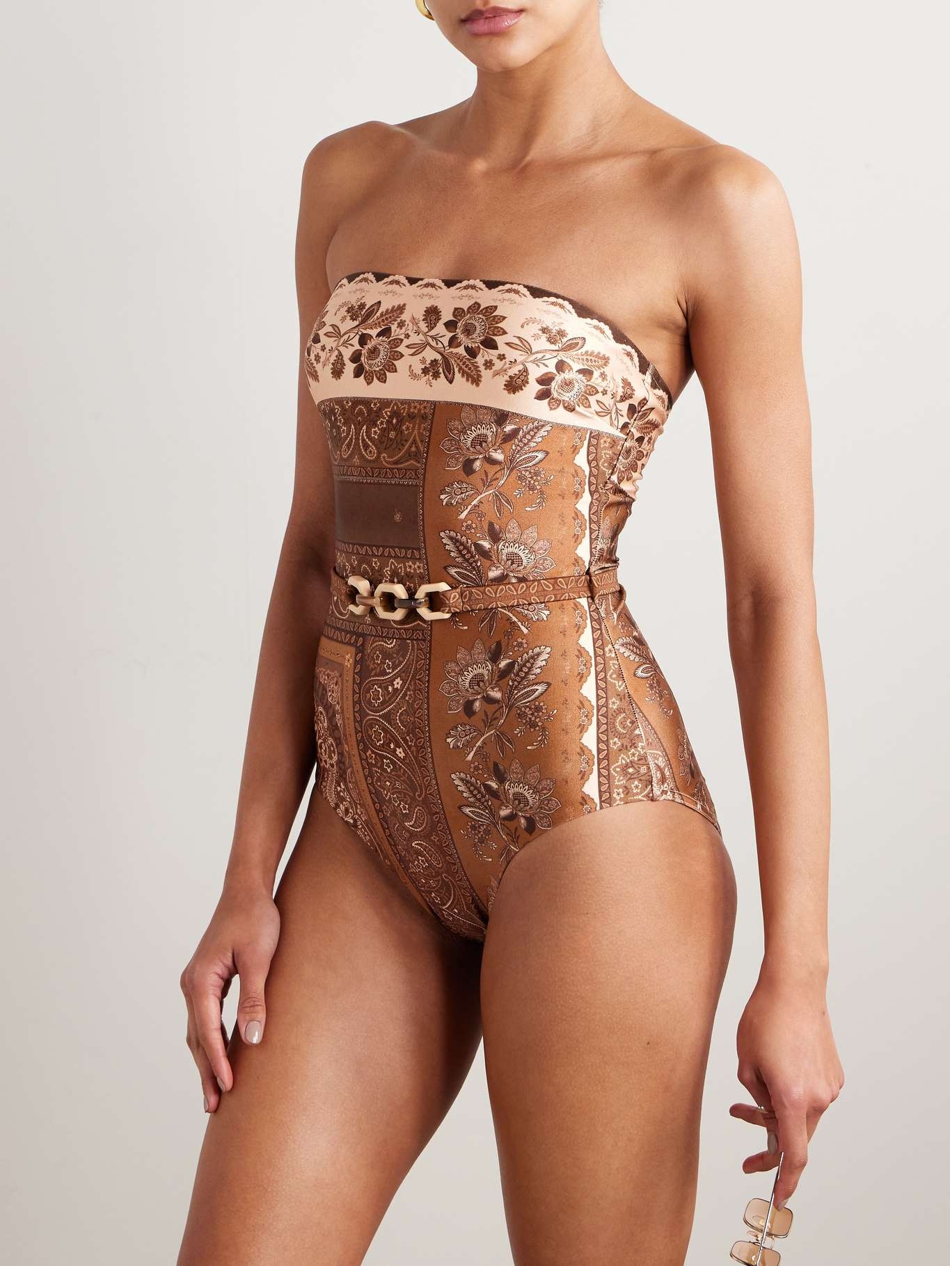 Lucky strapless belted printed swimsuit Brown - 2