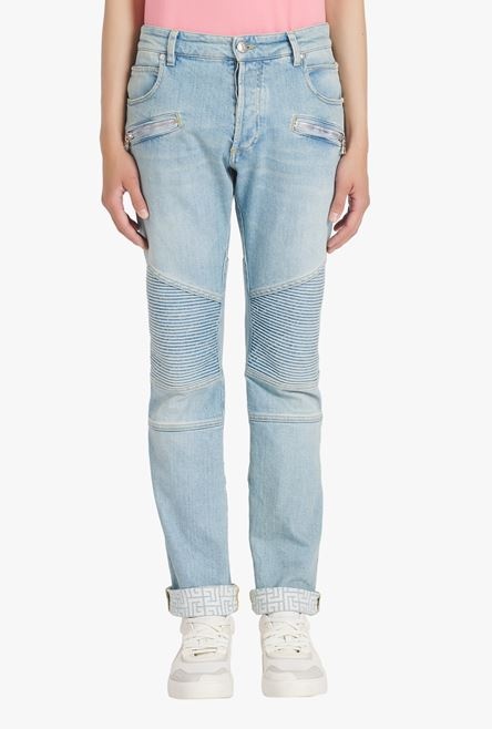 Slim cut faded and ridged light blue eco-designed denim cotton jeans with Balmain monogram on hem - 5