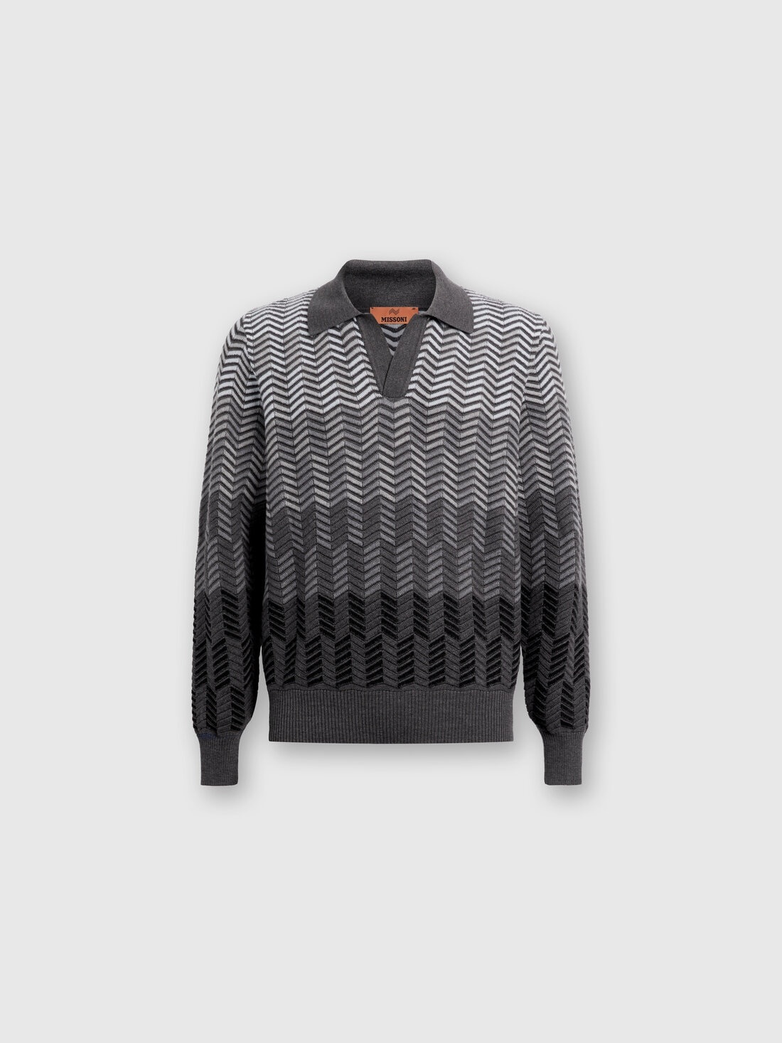 Long-sleeved polo shirt in zigzag virgin wool - 1