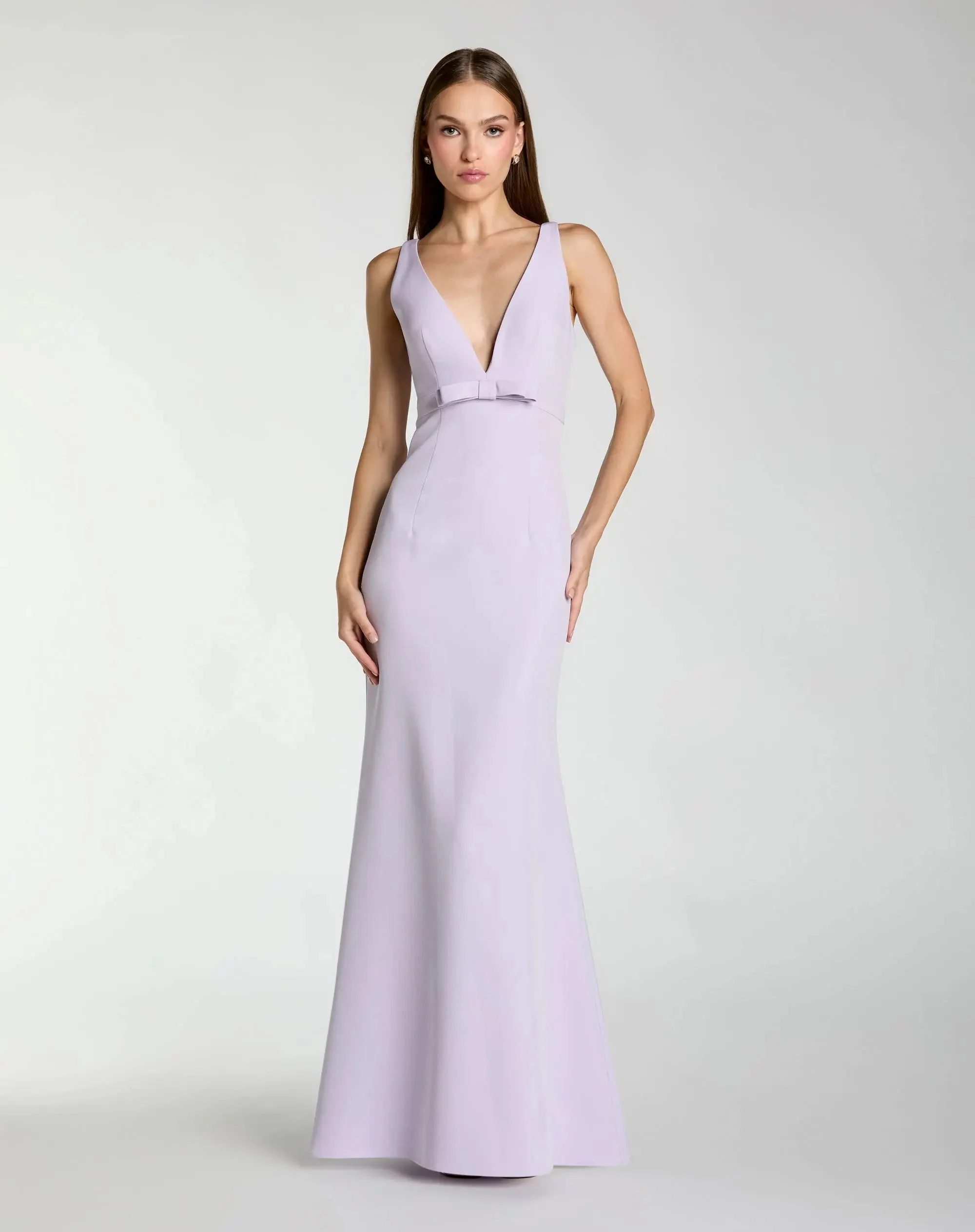 Lilac Crepe V-Neck Mermaid Gown With Bow - 1