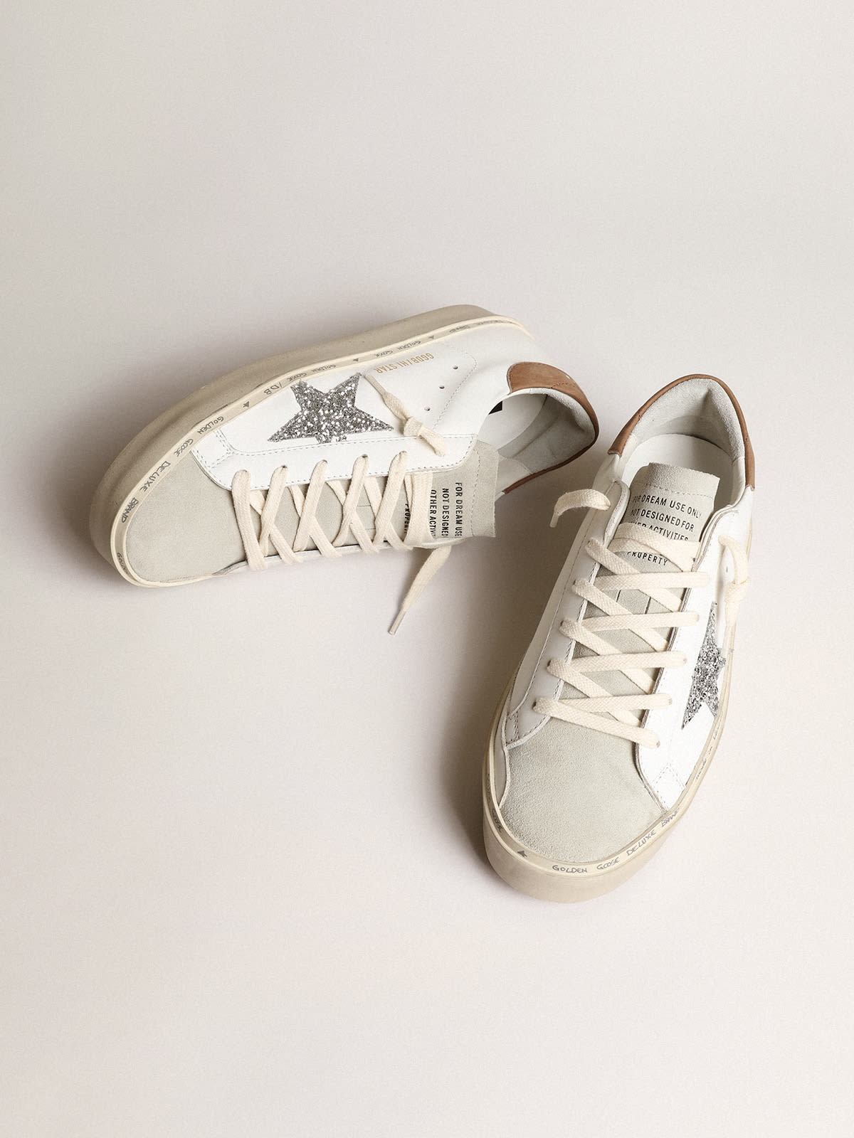 Golden Goose Hi Star with silver glitter star and dove-gray nubuck heel tab  | REVERSIBLE