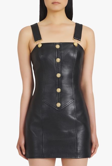 Short black leather overall dress - 5