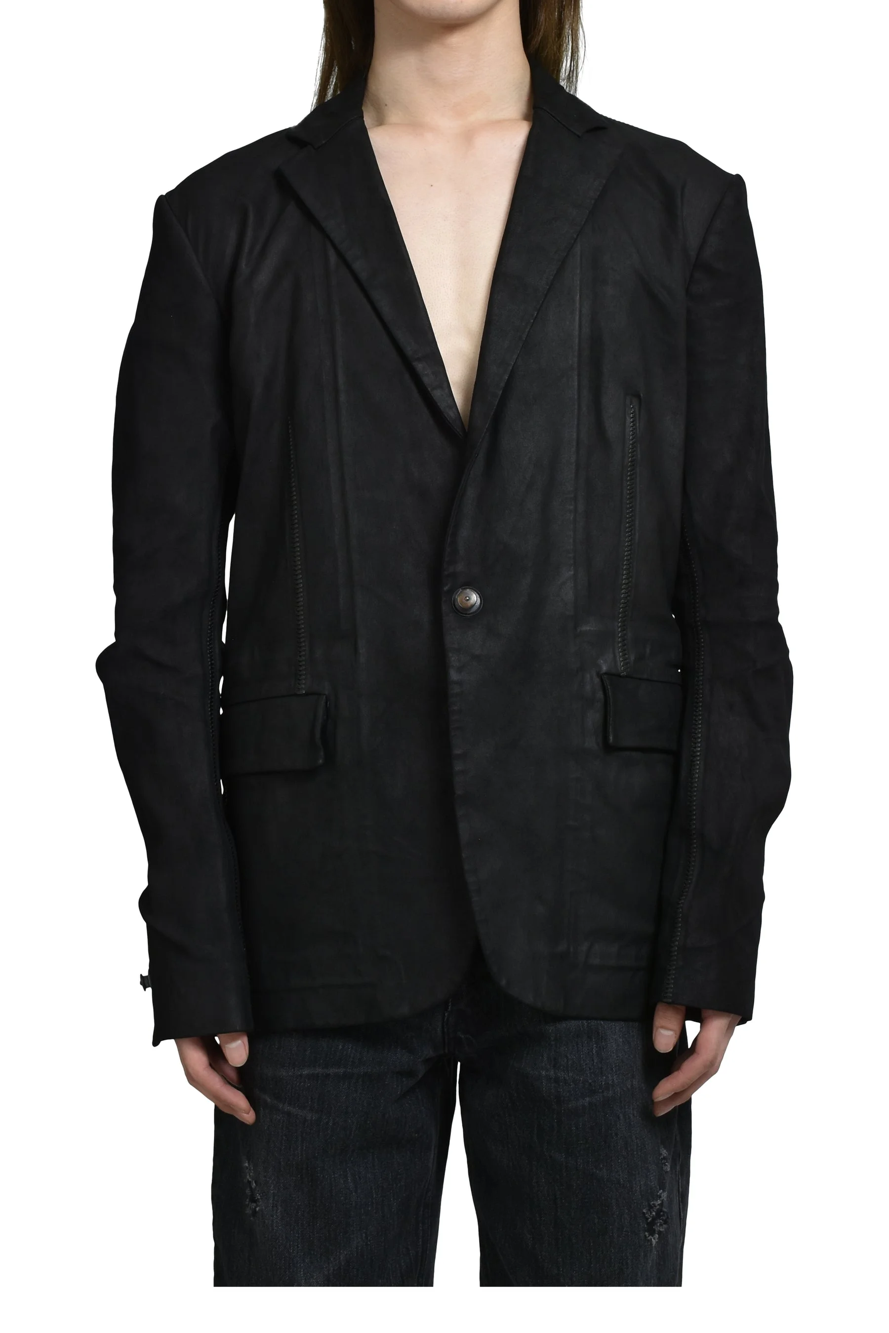 "PIONNIER"STRETCH LEATHER CLASSIC BLAZER / NOIR - 1