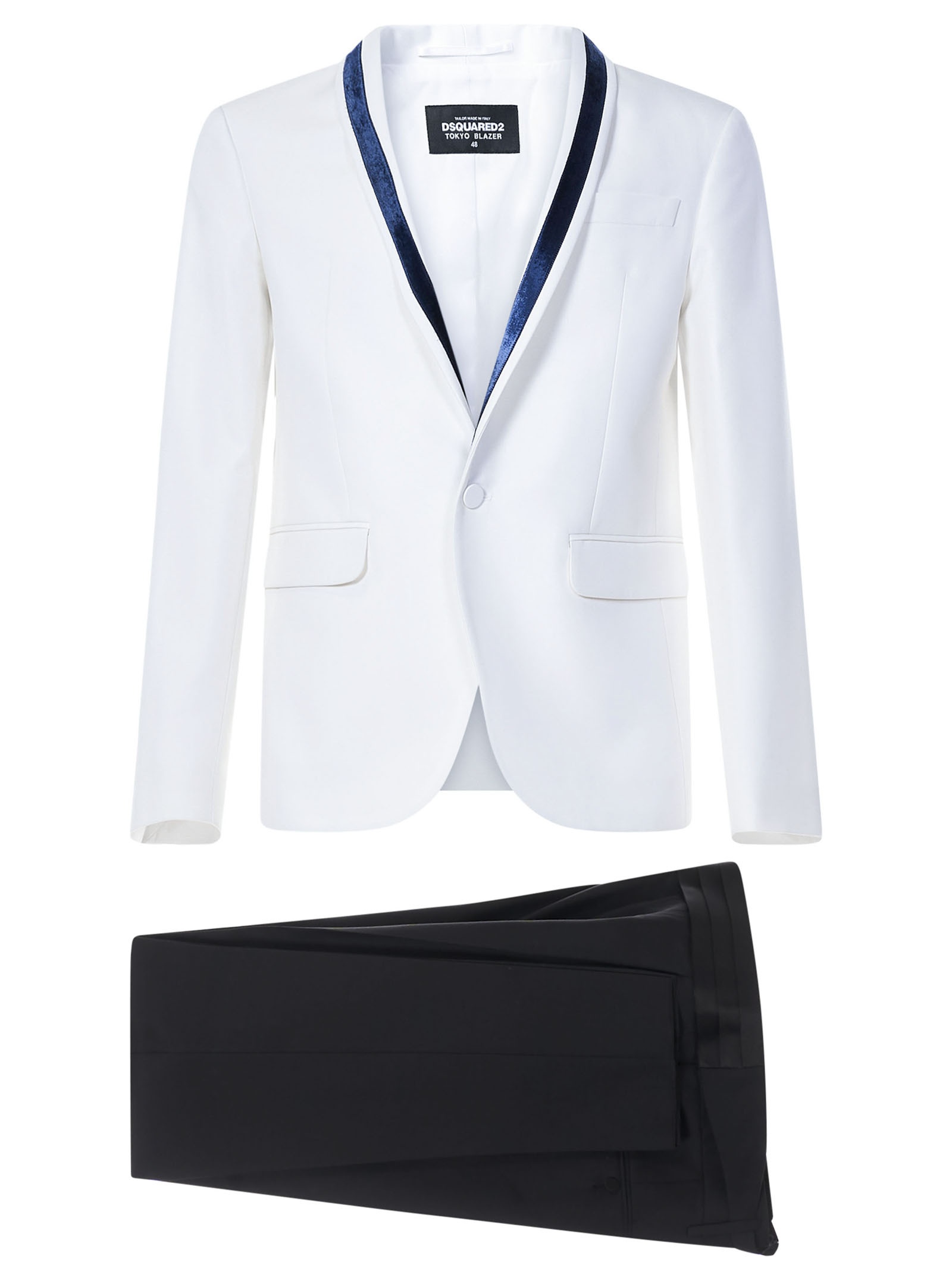 Tokyo suit with black tailored trousers and single-breasted blazer in white crêpe with blue velvet i - 1