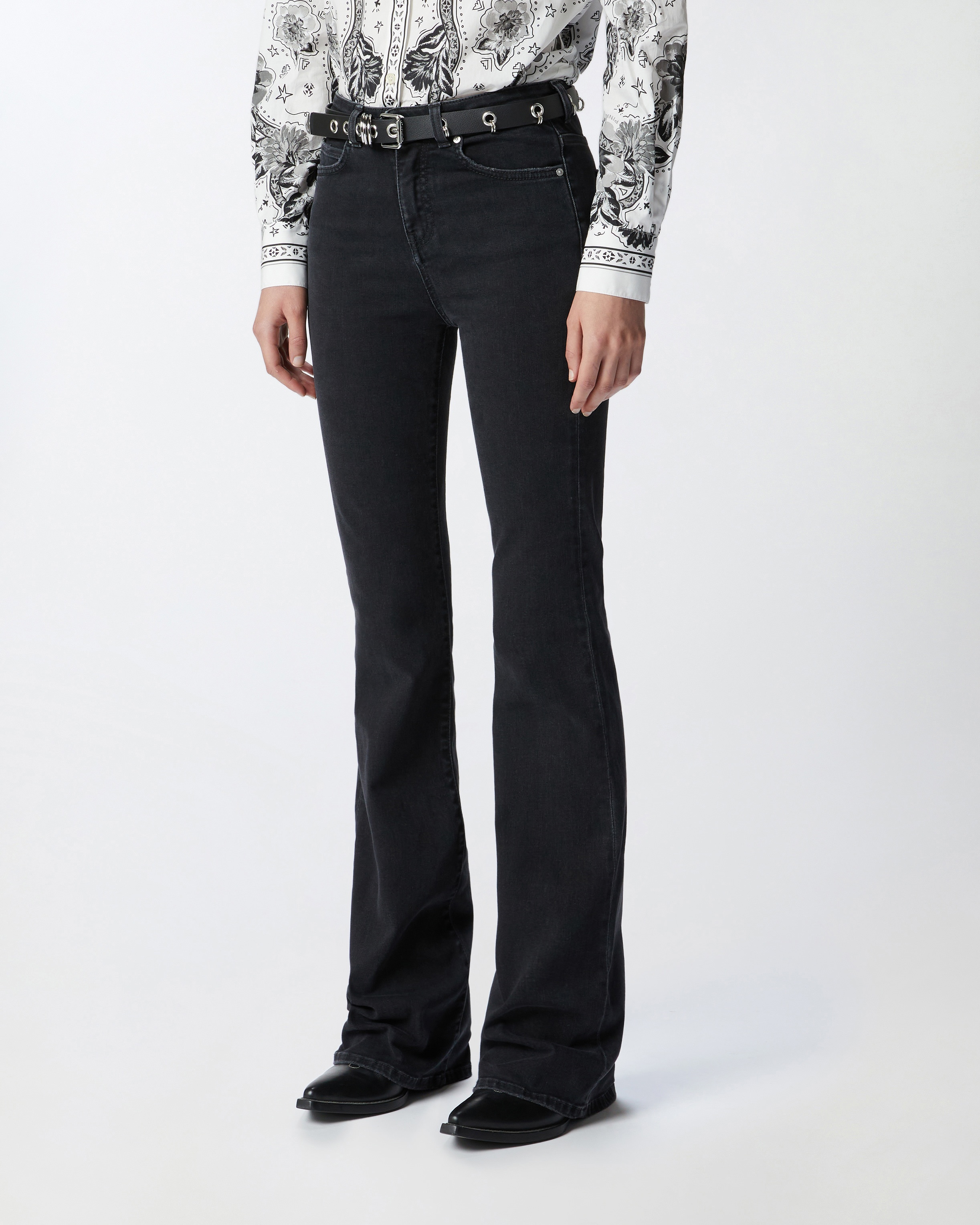 PINKO BLACK DENIM FLARED JEANS WITH LOVE BIRDS BELT | pinko