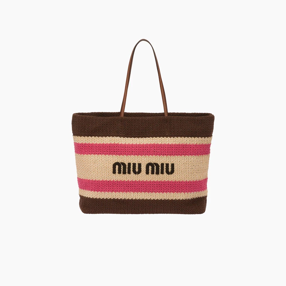 トートバッグ MIU MIU 25SS Stripe Raffia Tote Bag 5BG228 2DO3 F075R Natural/blue Raffia-effect Woven Tote Bag | Miu Miu