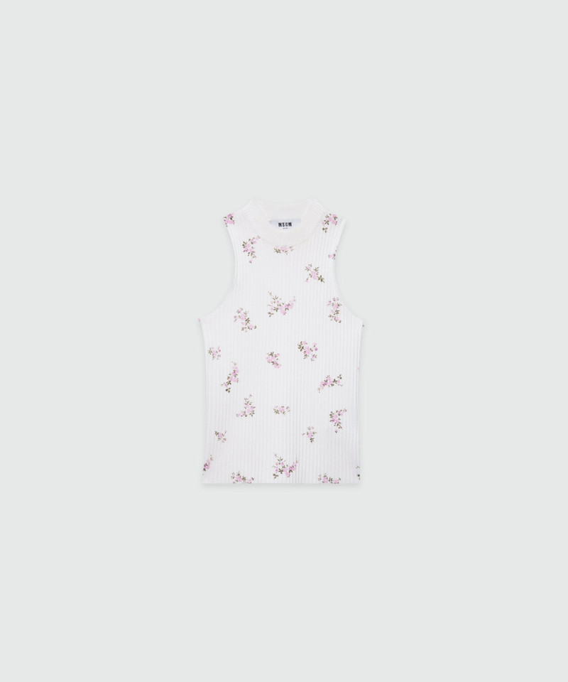 White ribbed techno-viscose top with "Cracked Flowers Bouquet" print 1