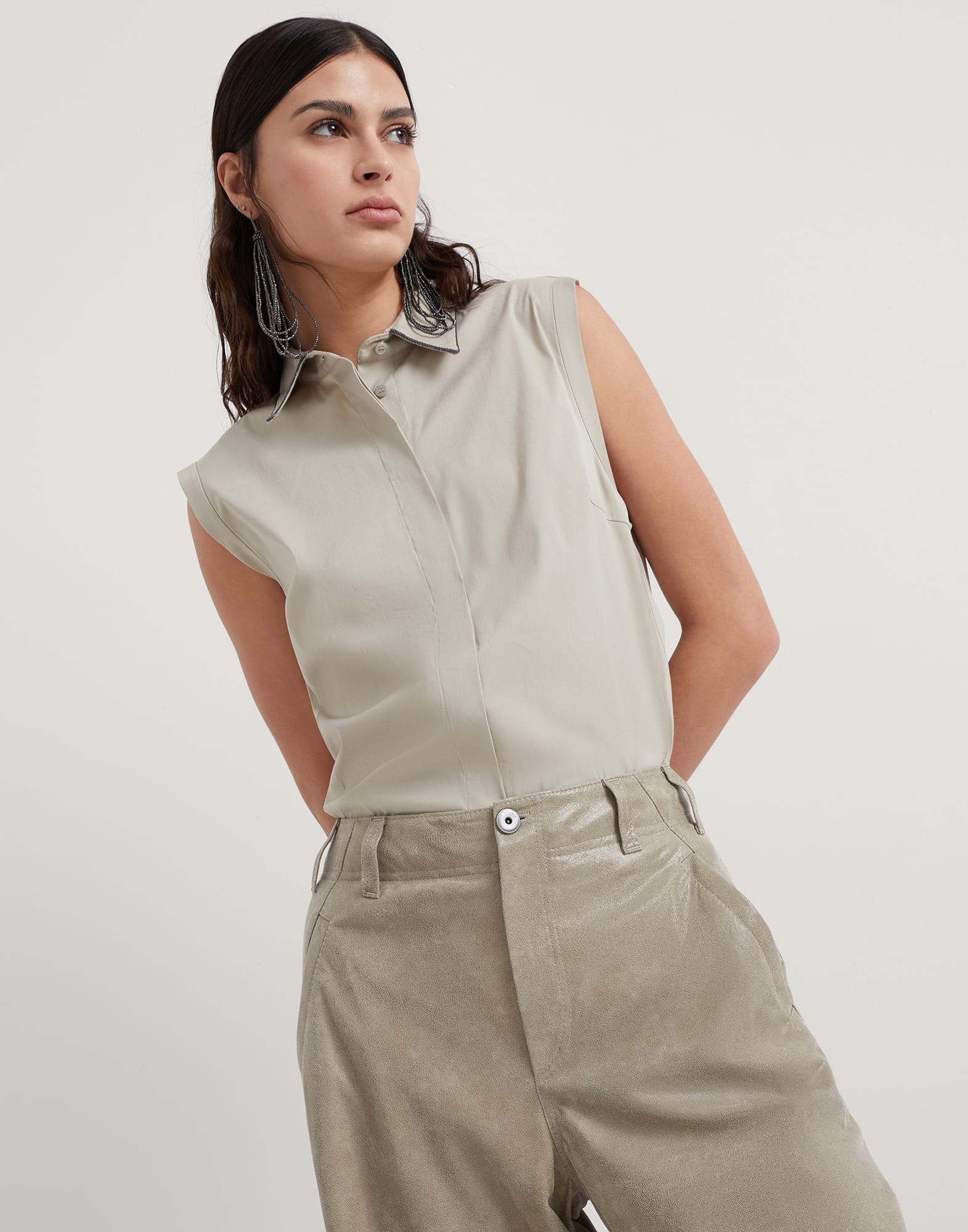 Stretch cotton poplin sleeveless shirt with shiny trim - 4