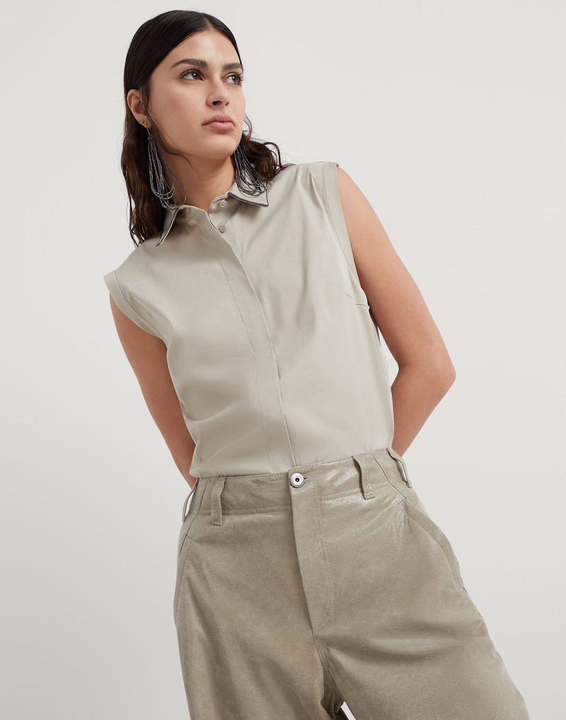 Stretch cotton poplin sleeveless shirt with shiny trim 4