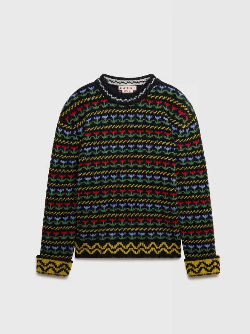 BLACK SHETLAND WOOL SWEATER WITH FAIRISLE MOTIF - 1