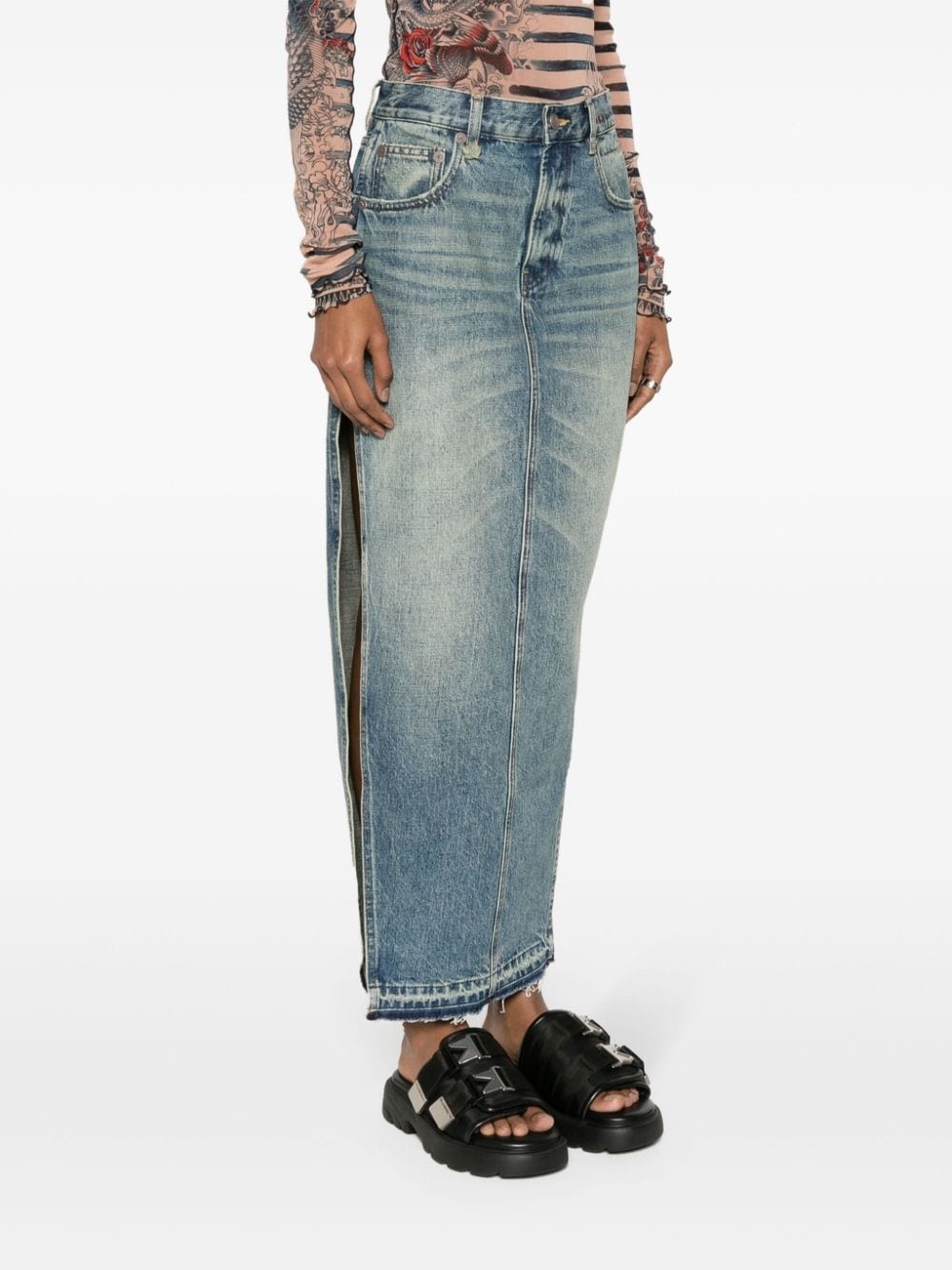 side-slit denim midi skirt - 3