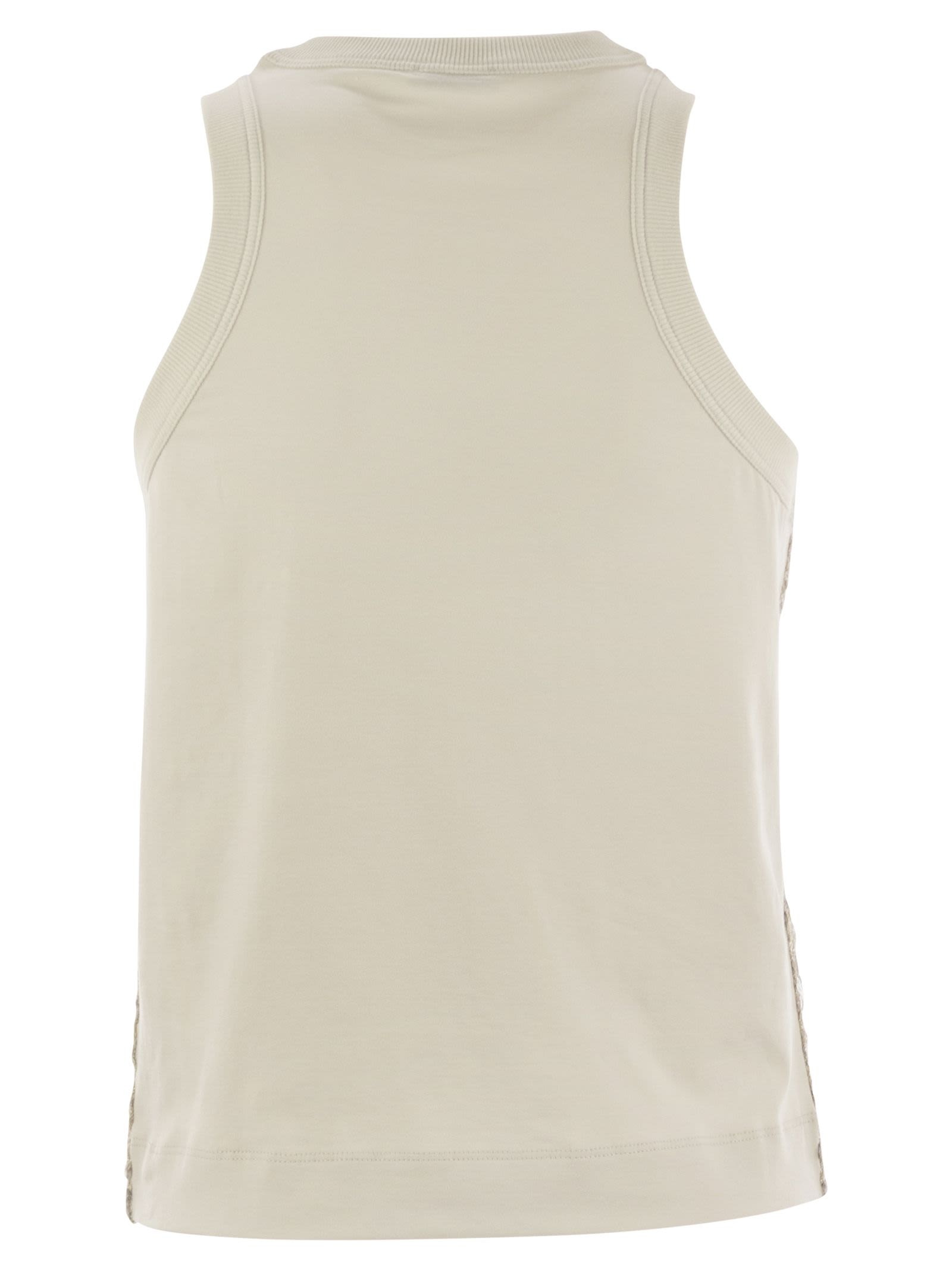 Brunello Cucinelli Women Stretch Cotton Jersey Top With Dazzling Net Embroidery - 2