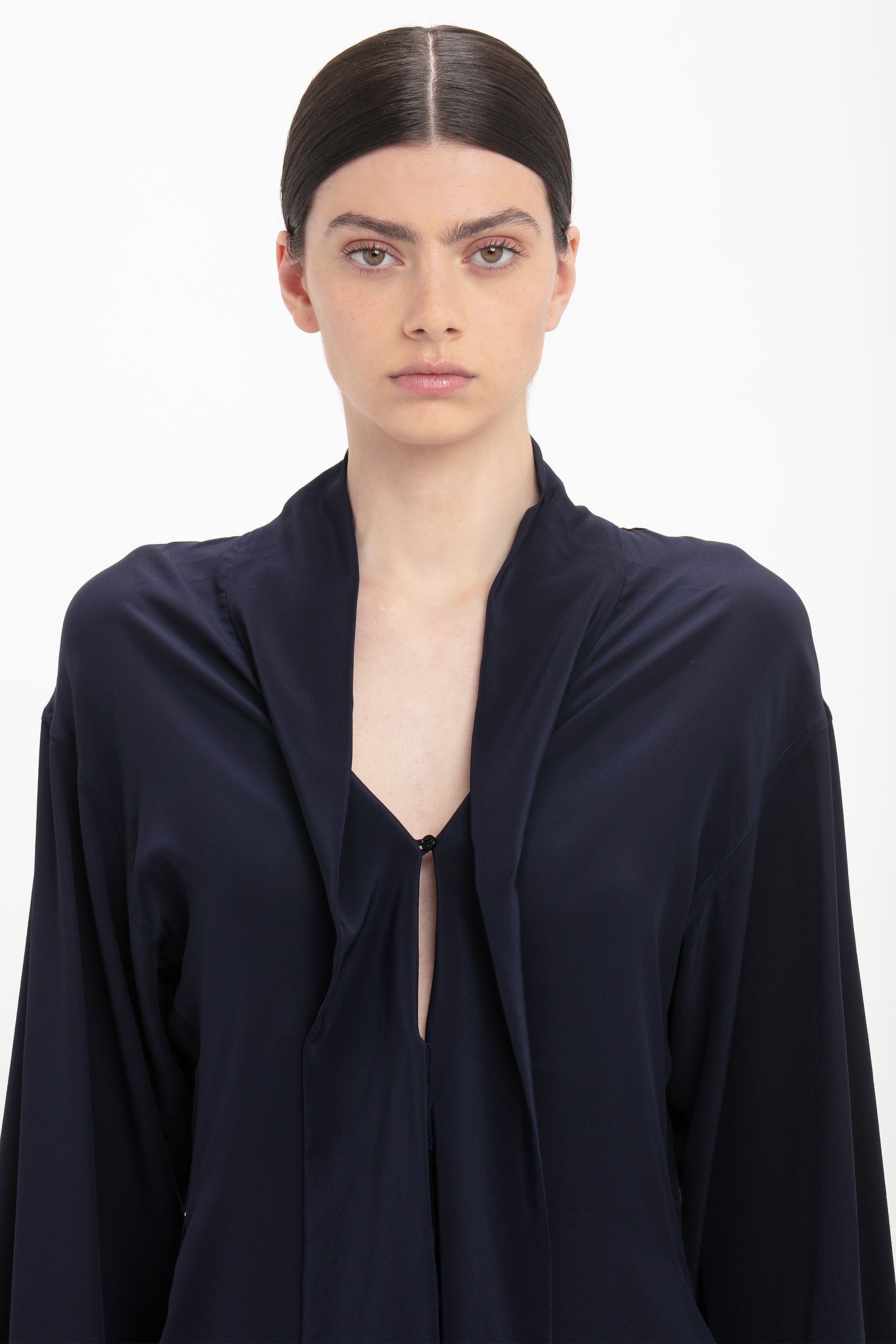 V-Neck Scarf Blouse In Ink Blue - 5
