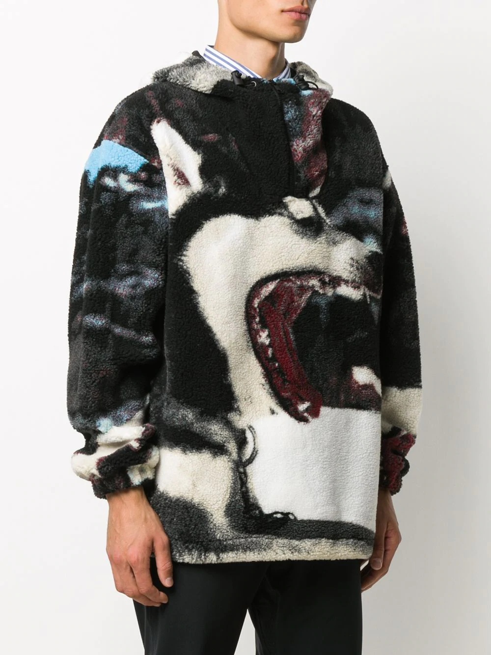 wolf print fleece hoodie - 3