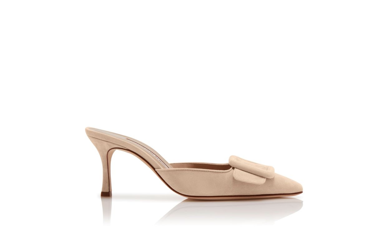 Light Beige Suede Buckle Mules - 1