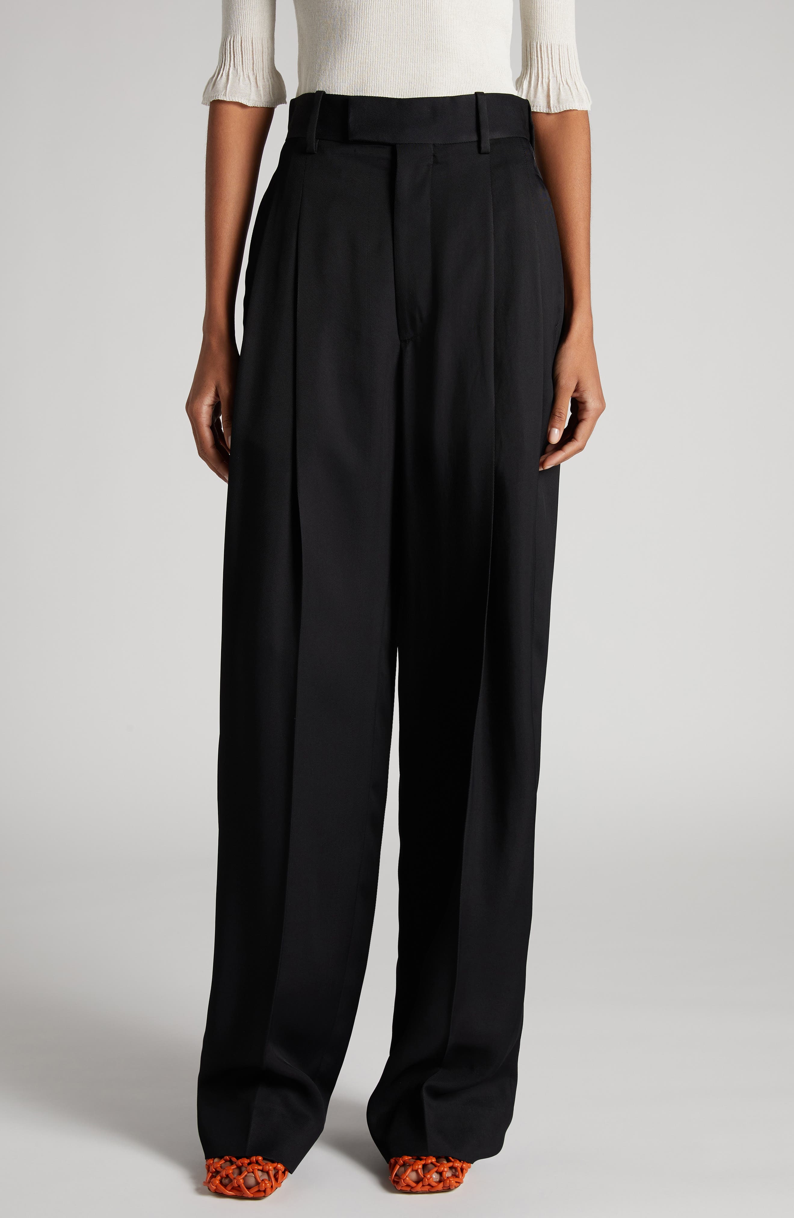 Bottega Veneta Pleated Viscose & Mulberry Silk Twill Straight Leg Trousers in 1000 Black at Nordstro - 1